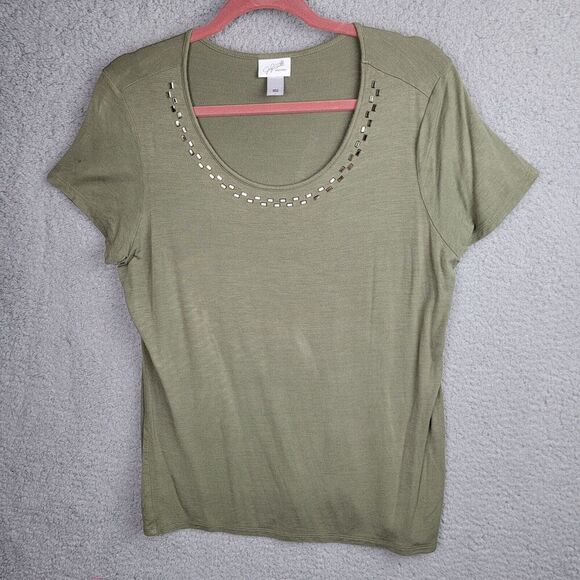 Knit Top Blouse Womens L Green Metallic Studs Scoop Neck  Short Sleeves Light - Picture 1 of 13